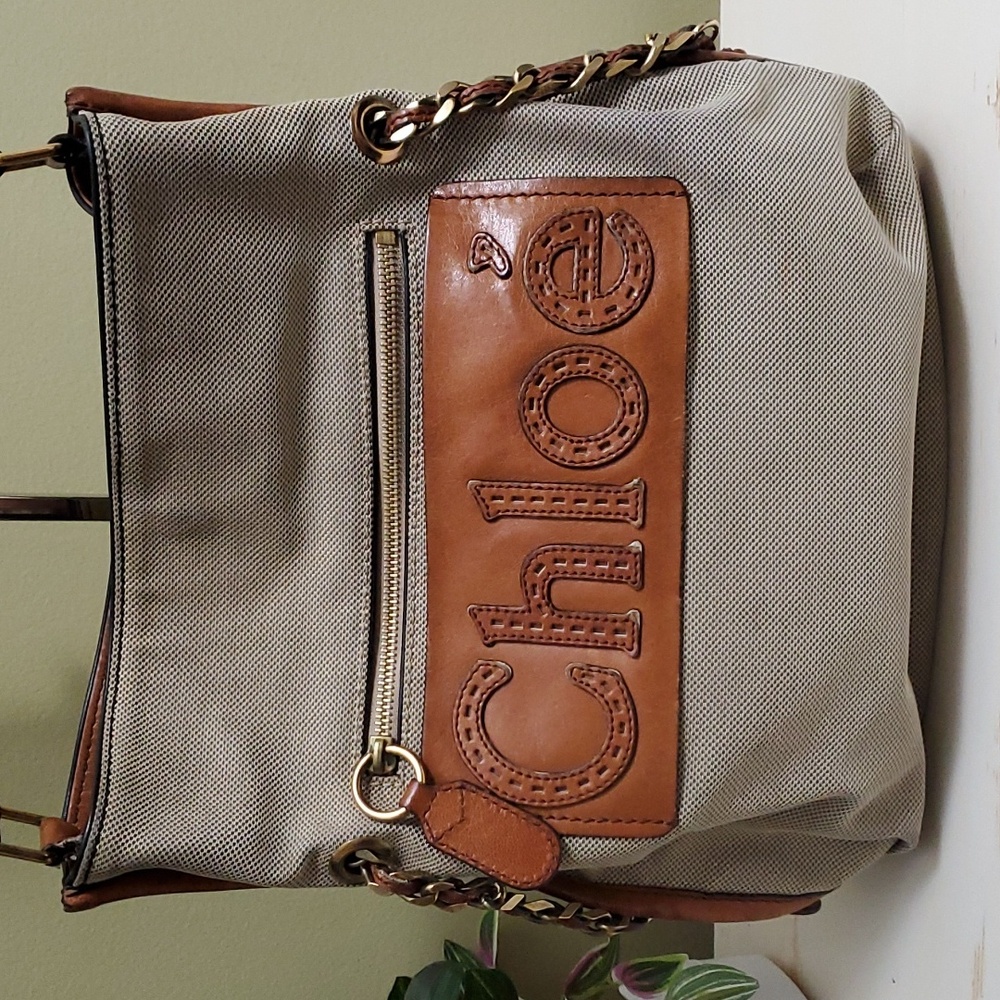Chloé | Canvas and Tan Leather Shoulder/Crossbody Bag